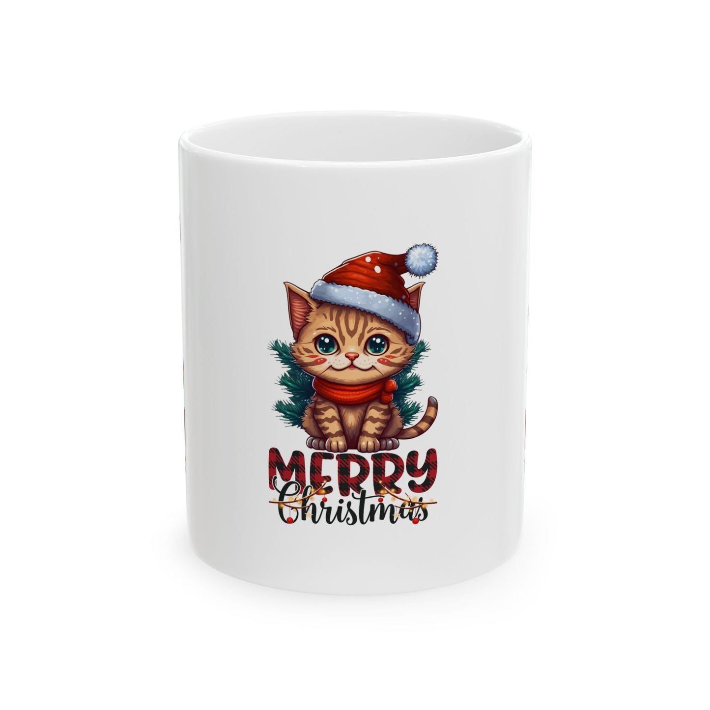 Shop the Merry Christmas Cat Mug (11oz & 15oz) – a festive ceramic coffee cup featuring an adorable kitten in a Santa hat. Perfect holiday gift for cat lovers!