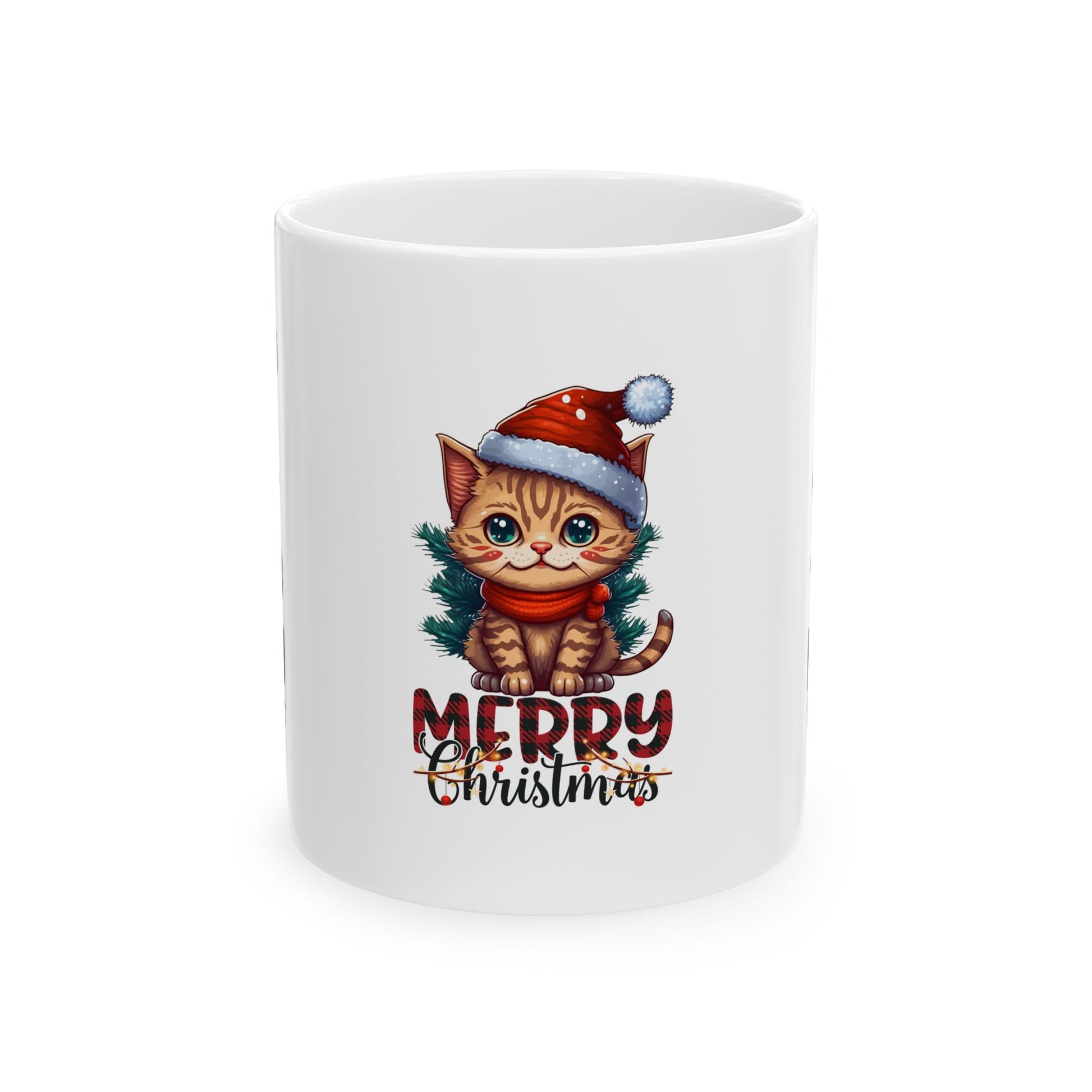 Shop the Merry Christmas Cat Mug (11oz & 15oz) – a festive ceramic coffee cup featuring an adorable kitten in a Santa hat. Perfect holiday gift for cat lovers!