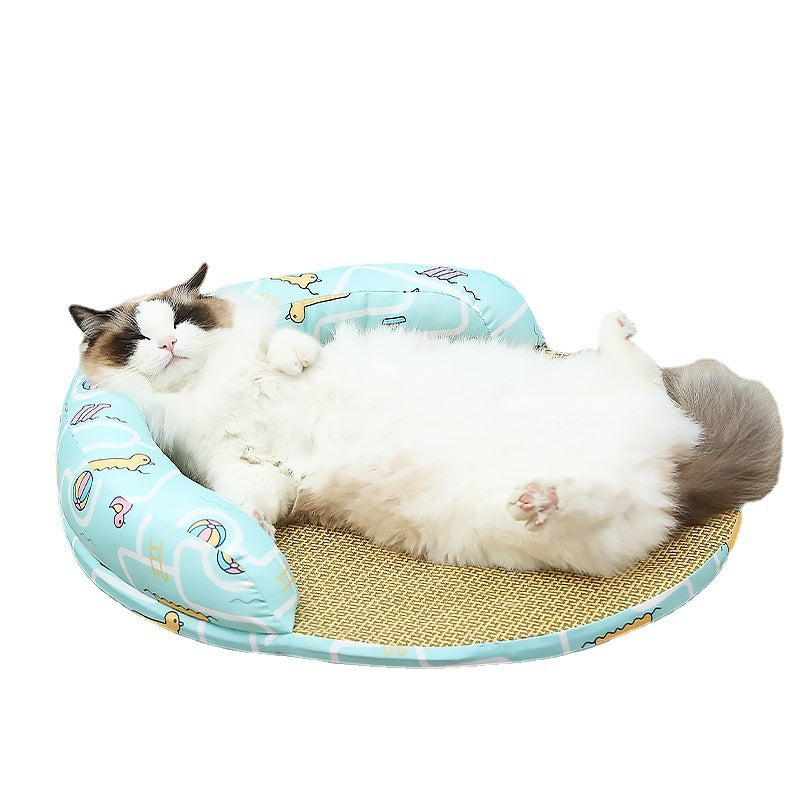 New Summer Cool Pet Sofa Beds Weaving Rattan Pillow To Lean On Mat Cat Dog Nest Etachable Prevent Cervical Spondylosis Pet Bed